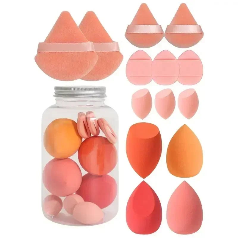 12/14PC Soft Makeup Sponge & Puff Set – Blend Like a Pro with Beauty Eggs & Puffs in Storage Jar!