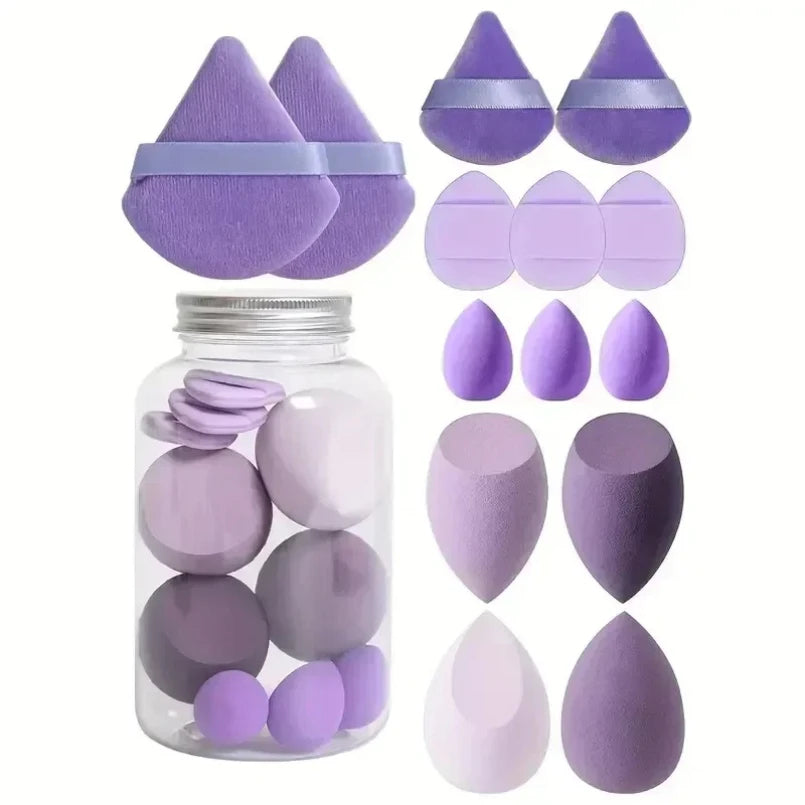 12/14PC Soft Makeup Sponge & Puff Set – Blend Like a Pro with Beauty Eggs & Puffs in Storage Jar!
