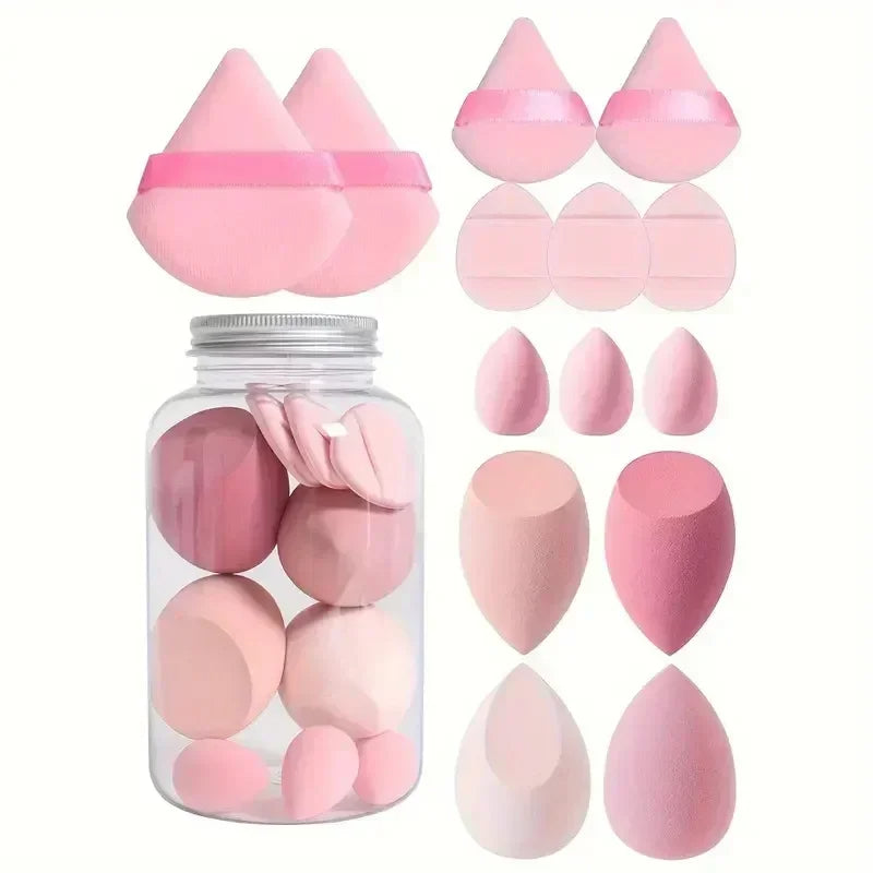 12/14PC Soft Makeup Sponge & Puff Set – Blend Like a Pro with Beauty Eggs & Puffs in Storage Jar!