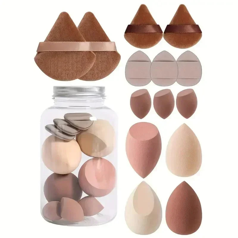 12/14PC Soft Makeup Sponge & Puff Set – Blend Like a Pro with Beauty Eggs & Puffs in Storage Jar!