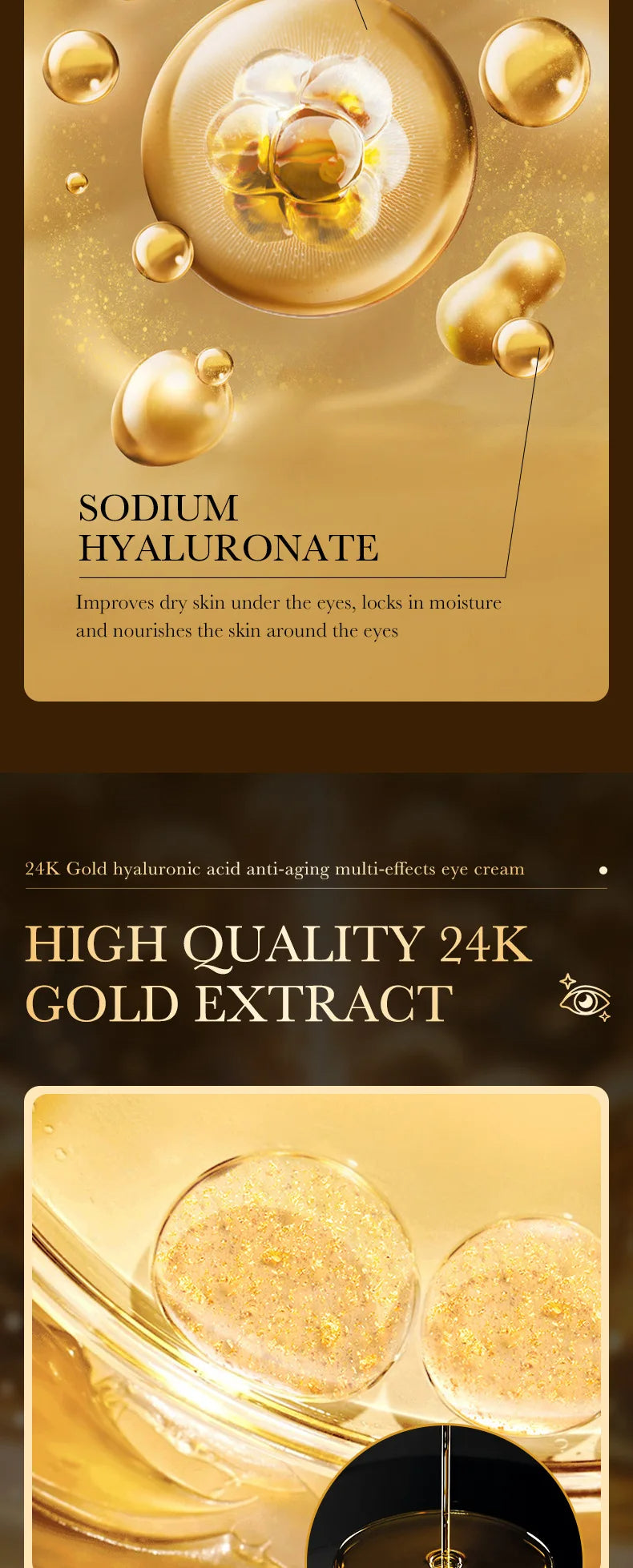 24K Gold Eye Cream with Hyaluronic Acid – Targets Dark Circles, Puffiness & Fine Lines