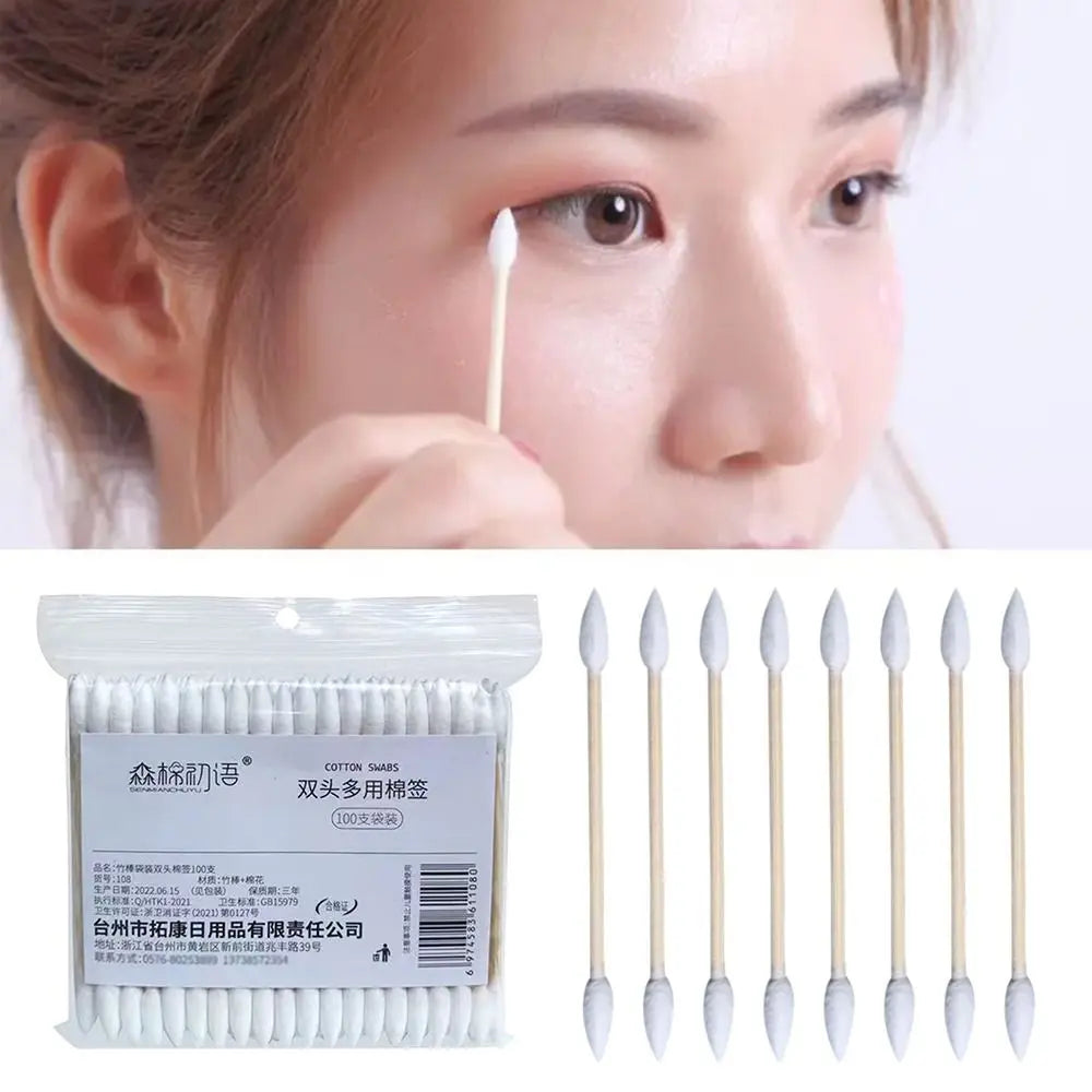 100pcs Eco-Friendly Dual-Tip Cotton Buds – Precision Bamboo Sticks for Makeup & Detail Cleaning