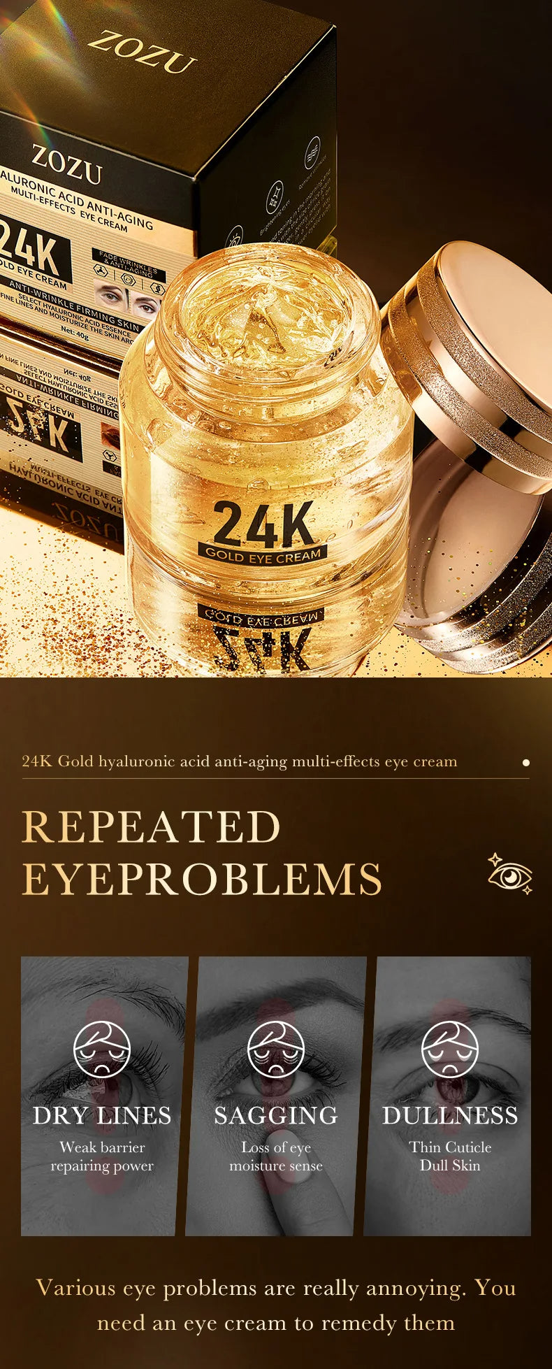 24K Gold Eye Cream with Hyaluronic Acid – Targets Dark Circles, Puffiness & Fine Lines