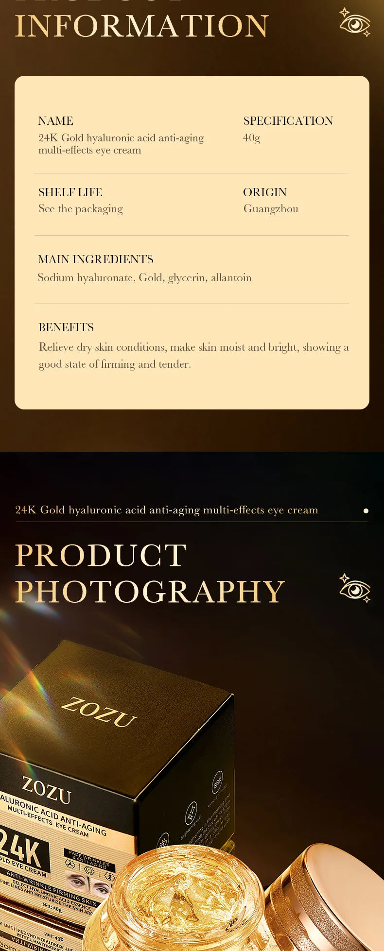 24K Gold Eye Cream with Hyaluronic Acid – Targets Dark Circles, Puffiness & Fine Lines