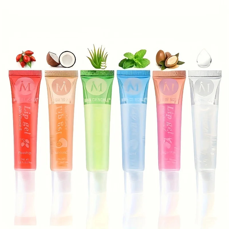 6-Piece Lip Gloss Gift Set – Clear & Flavoured Plumping Oils with VE, Rosehip, Argan & More