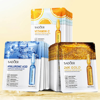 24K Gold & Hyaluronic Acid Sheet Mask Set – 15pcs for Hydration, Brightening & Firming