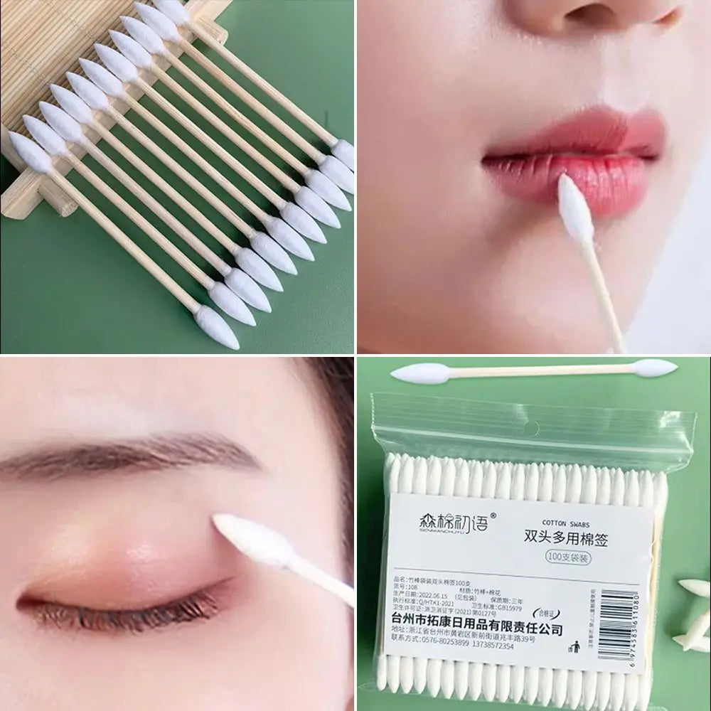 100pcs Eco-Friendly Dual-Tip Cotton Buds – Precision Bamboo Sticks for Makeup & Detail Cleaning